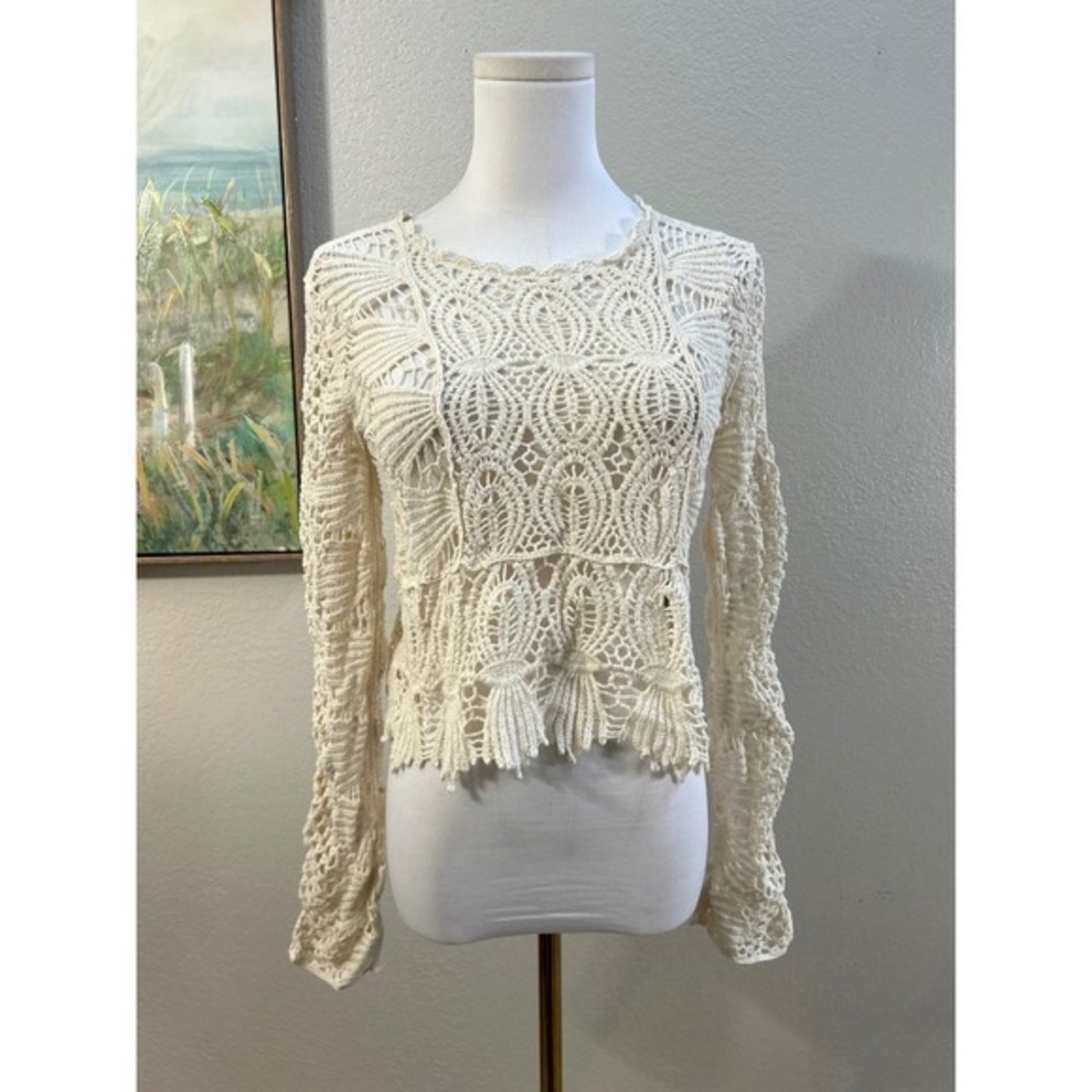 Crochet Knit Blouse Cream Open Knit Boho Festival Top Small